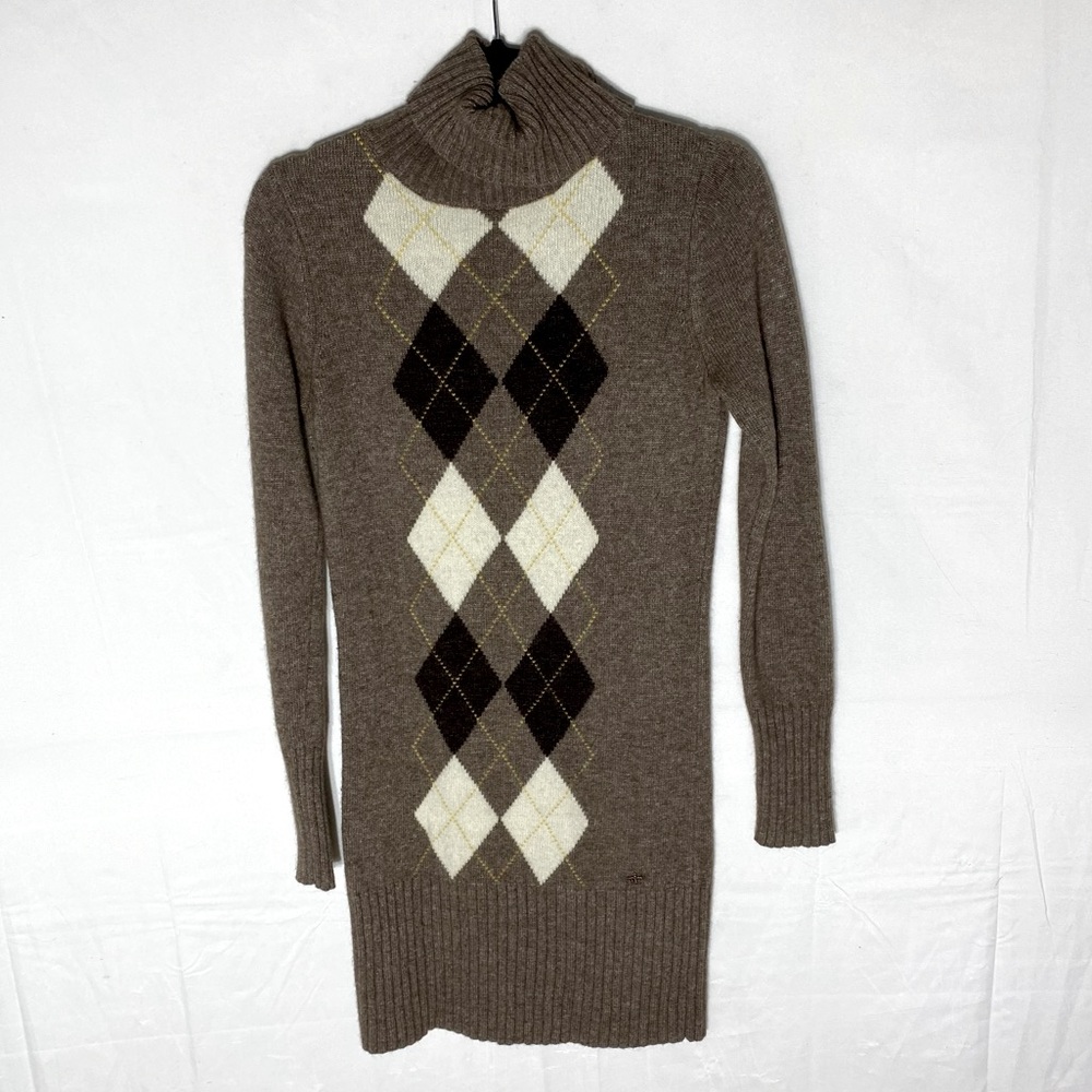 Vintage 90s Esprit Brown Argyle Turtleneck Sweater Mini Dress S Dark Academia